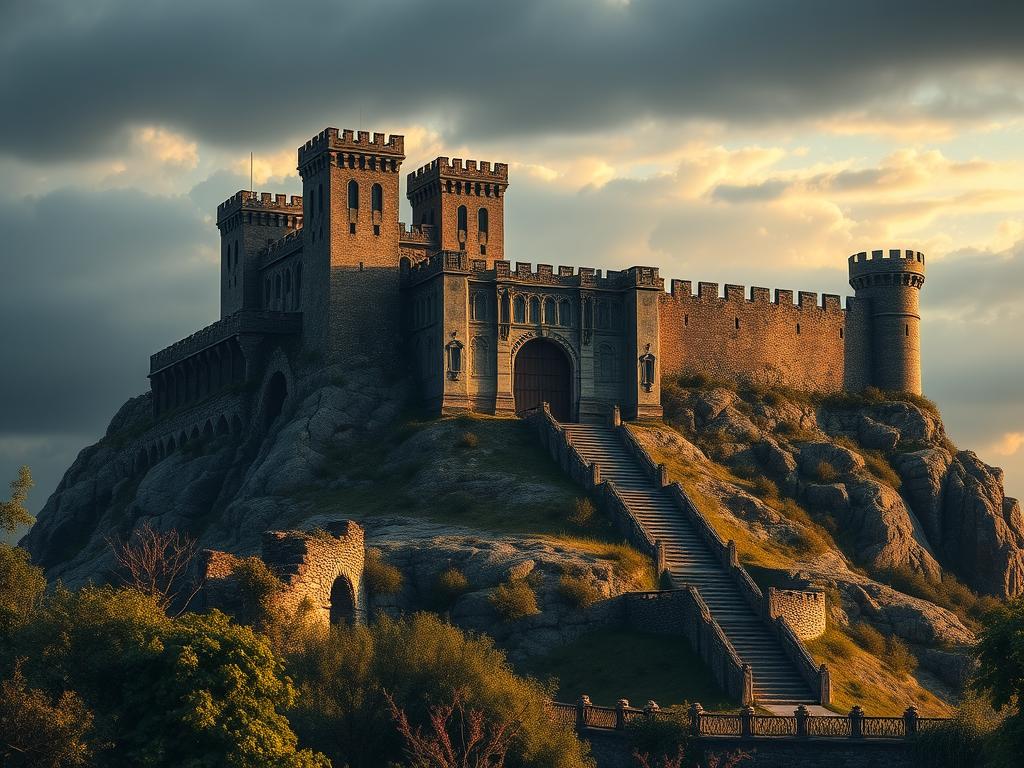 A detailed, medieval fortress atop a rugged, rocky hilltop, with soaring towers, thick stone walls, and ornate architectural elements. The castle's silhouette stands tall against a moody, dramatic sky, illuminated by soft, warm lighting that casts long shadows across the weathered stonework. In the foreground, lush, overgrown vegetation and crumbling ruins hint at the fortress's ancient history, while the middle ground reveals a sprawling, winding staircase leading up to the imposing main gates. The overall atmosphere conveys a sense of grandeur, timelessness, and the enduring legacy of this iconic medieval stronghold.