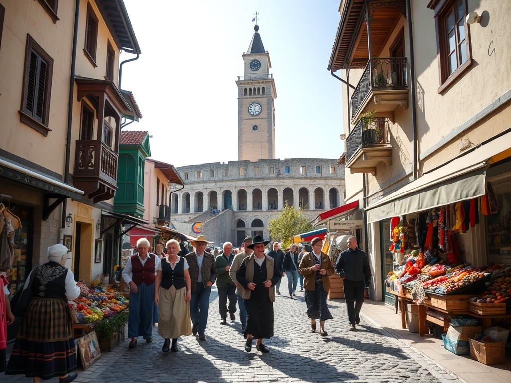 A sun-dappled cobblestone street in the historic Old Town of Plovdiv, Bulgaria. Quaint, colorfully-painted houses line the sides, their wooden balconies adorned with intricate carvings. Elderly locals in traditional garb - long skirts, embroidered vests, and felt hats - stroll leisurely, exchanging animated conversation. A small, bustling market stands in the foreground, its vendors offering handmade crafts, fresh produce, and fragrant spices. In the background, the imposing Roman amphitheater and the iconic Clock Tower stand as timeless reminders of the city's layered history. The scene evokes a timeless, unhurried atmosphere, capturing the enduring traditions and customs that have been preserved within the walls of Plovdiv's Old Town. A sun-dappled cobblestone street in the historic Old Town of Plovdiv, Bulgaria. Quaint, colorfully-painted houses line the sides, their wooden balconies adorned with intricate carvings. Elderly locals in traditional garb - long skirts, embroidered vests, and felt hats - stroll leisurely, exchanging animated conversation. A small, bustling market stands in the foreground, its vendors offering handmade crafts, fresh produce, and fragrant spices. In the background, the imposing Roman amphitheater and the iconic Clock Tower stand as timeless reminders of the city's layered history. The scene evokes a timeless, unhurried atmosphere, capturing the enduring traditions and customs that have been preserved within the walls of Plovdiv's Old Town.